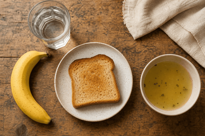 Banana, toast, soup, and water on wooden table setting.