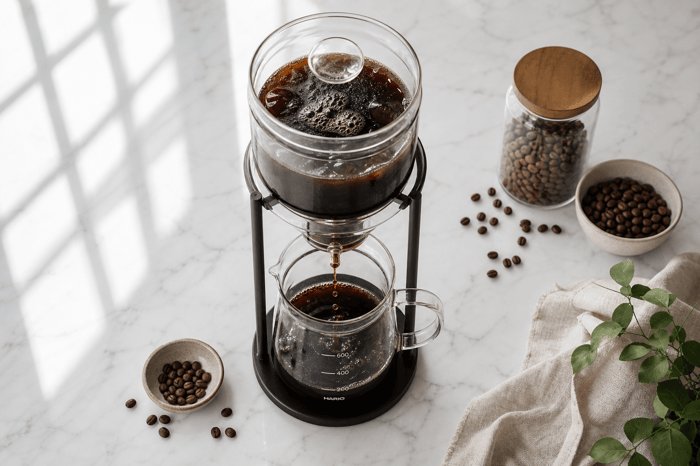 Cold brew coffee maker with coffee beans on marble table.