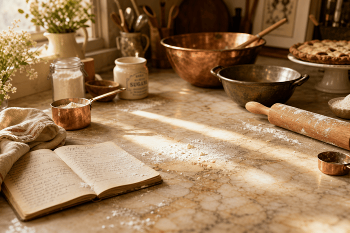Cozy kitchen counter with baking essentials and cookbook