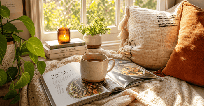 Cozy nook with plant, cup of coffee, open cookbook, and pillows.