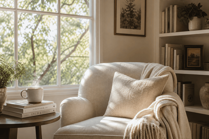 Cozy reading nook with armchair, books, and window view