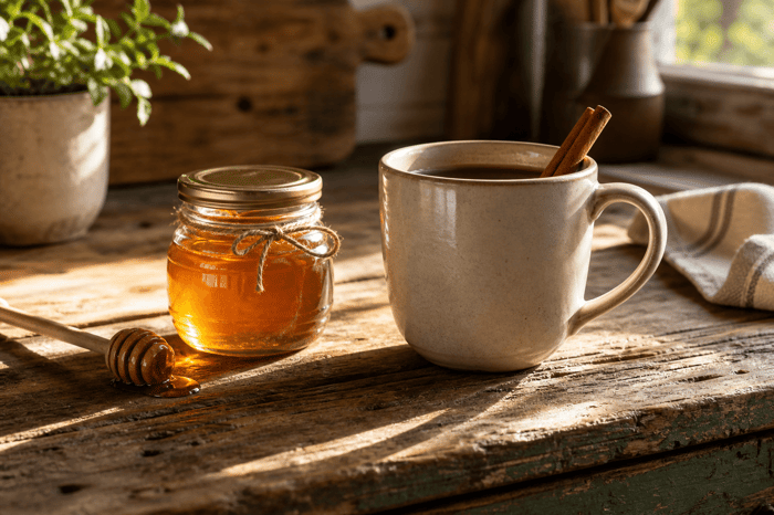 Small cup of tea with honey on rustic table.