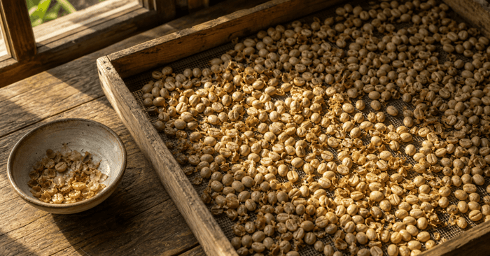 Drying coffee beans and husks under sunlight
