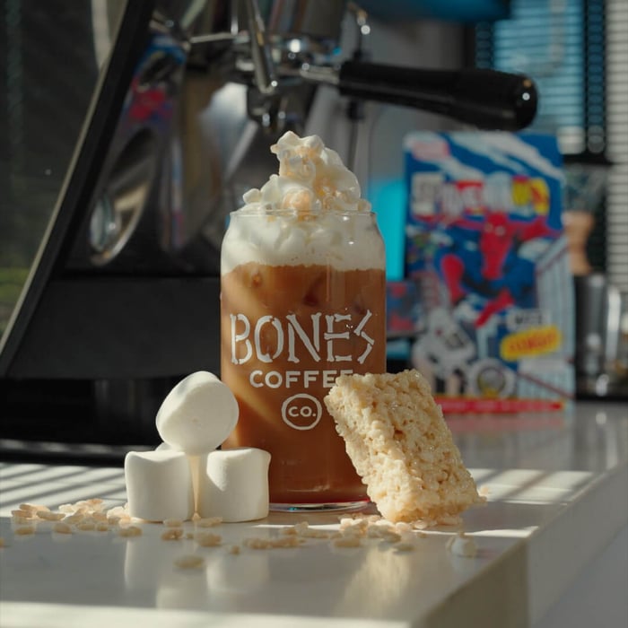 Web-Slinger Delight: Crispy Strawberry Marshmallow Latte!