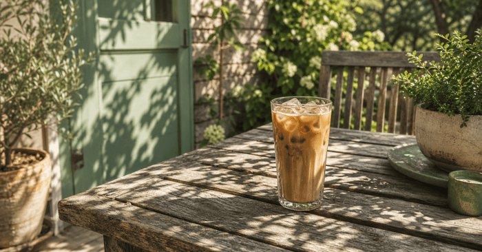Iced coffee on rustic table in sunny garden