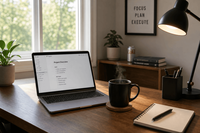 Laptop on desk displaying project overview, next to coffee and notebook.