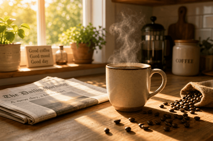 Steaming coffee by window next to newspaper.
