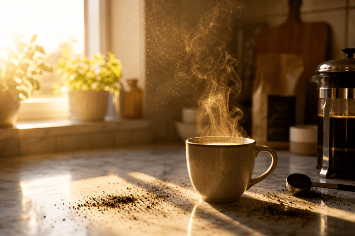 Sunlit kitchen with steaming coffee mug and scattered grounds