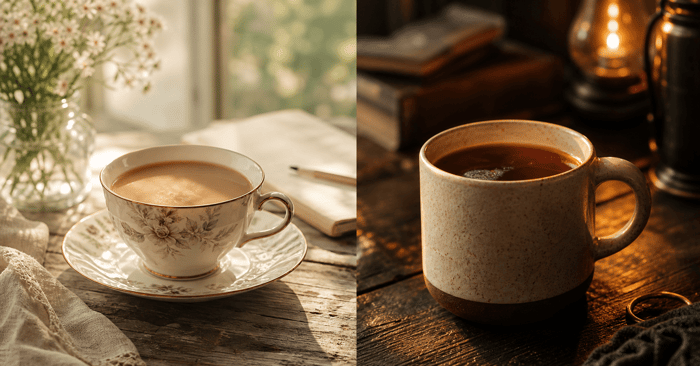 Two cups of coffee in contrasting settings.