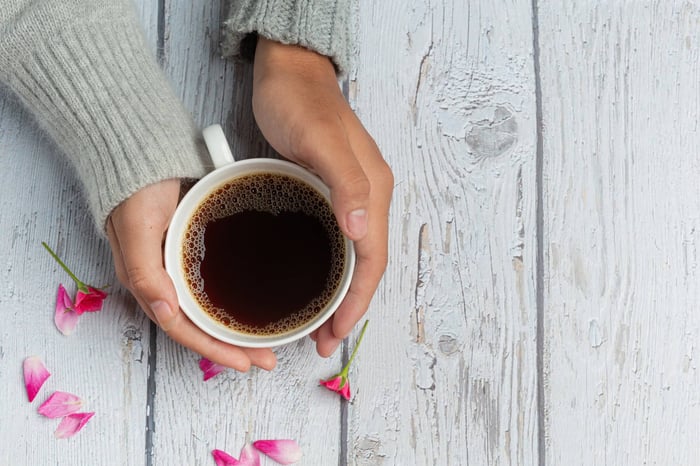 Two hands holding cup of coffee. 