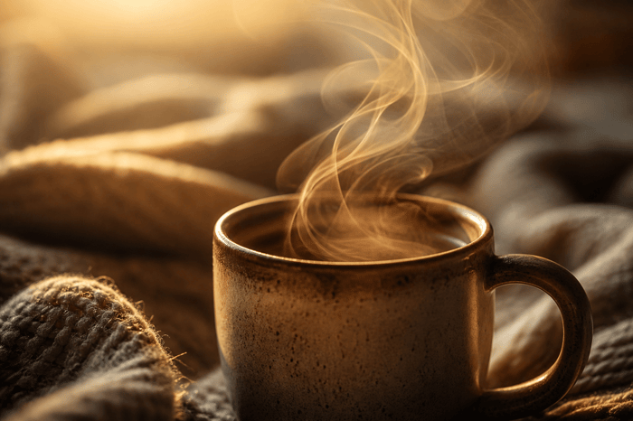 Warm coffee cup steaming in cozy morning light.