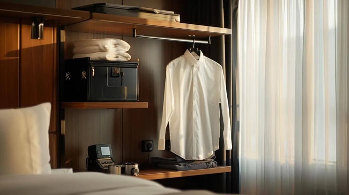 a sleek, modern hotel room showcases a compact steamer efficiently smoothing out a wrinkled shirt on a stylish clothing rack, highlighting its practicality for the discerning traveler amidst urban sophistication. a sleek, modern hotel room showcases a compact steamer efficiently smoothing out a wrinkled shirt on a stylish clothing rack, highlighting its practicality for the discerning traveler amidst urban sophistication.