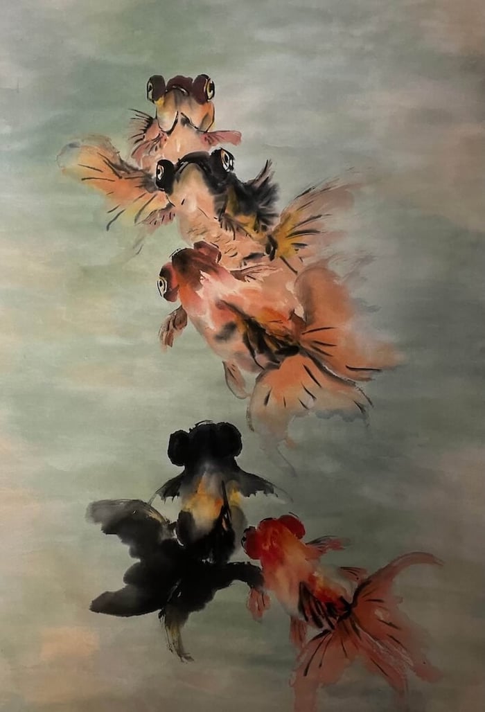 Goldfish in Chinese ink painting by Singapore artist Yeo Eng Meng