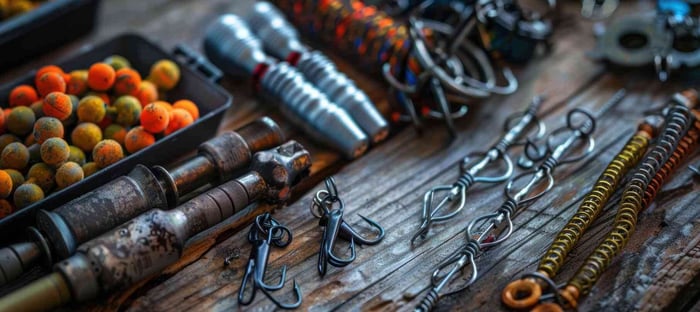 A set of fishing accessories and gear