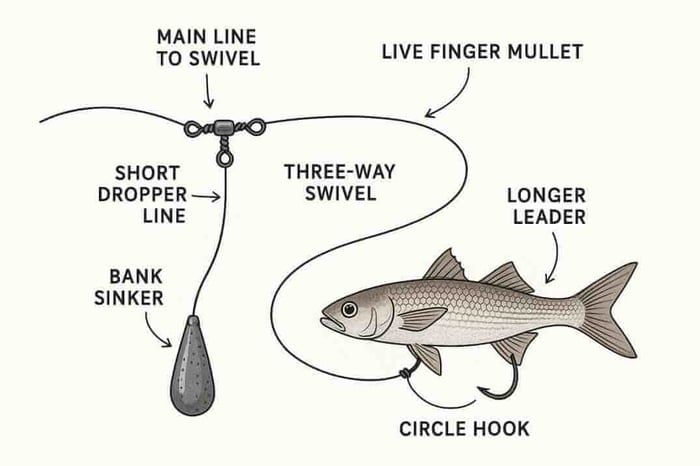 Three-way swivel rig for flounder fishing with sinker dropper line and live finger mullet on leader.