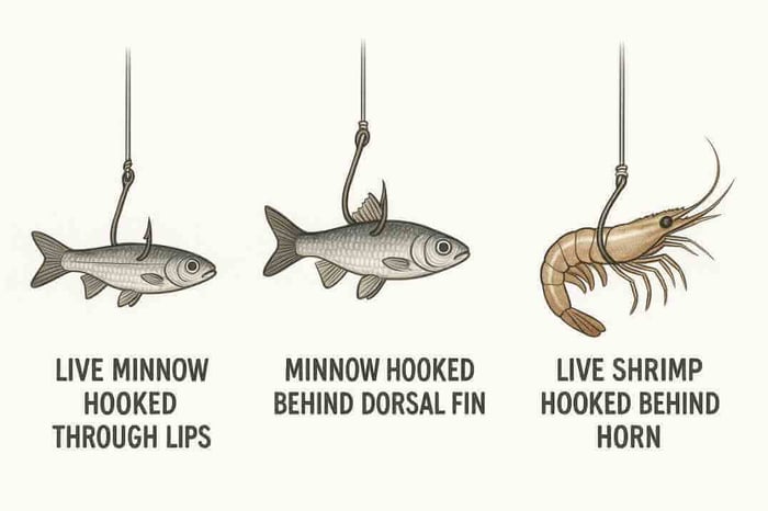 Correct hook placements for live bait: minnow hooked through lips and dorsal fin, shrimp hooked behind horn.