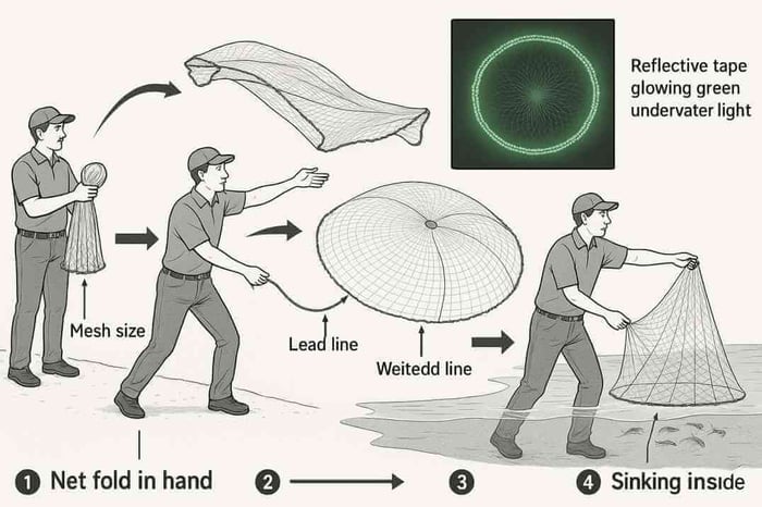 Step-by-step diagram of how to catch shrimp from shore with a cast net, showing the spread, sinking lead line, and shrimp caught.
