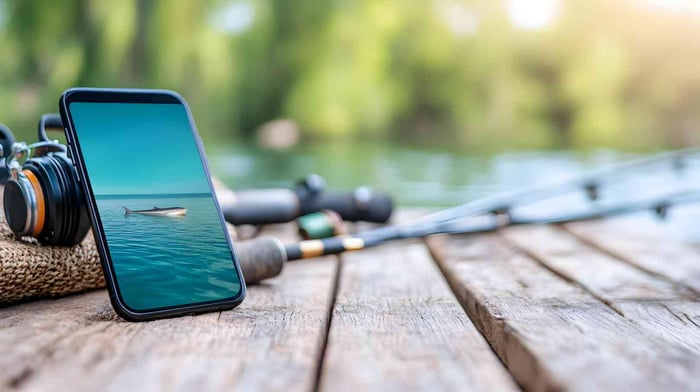 Fishing smartphone app on a dock near fishing rods. 