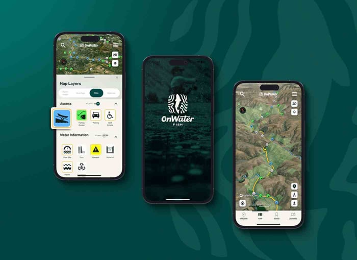 OnWater fishing app displaying interactive fishing maps, access points, and water information.
