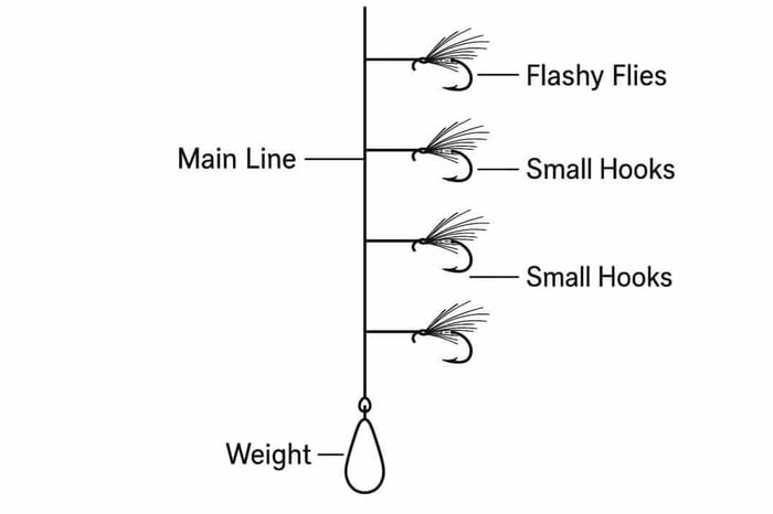 Sabiki rig illustration with several small flashy hooks and a weight at the bottom for catching live bait fish near piers.
