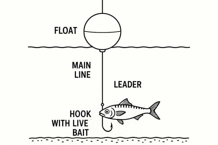 Float rig diagram with a round float keeping live bait suspended above the bottom for targeting Spanish mackerel and kingfish.