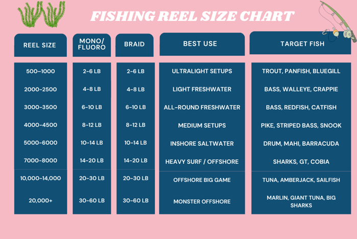 A fishing reel size chart