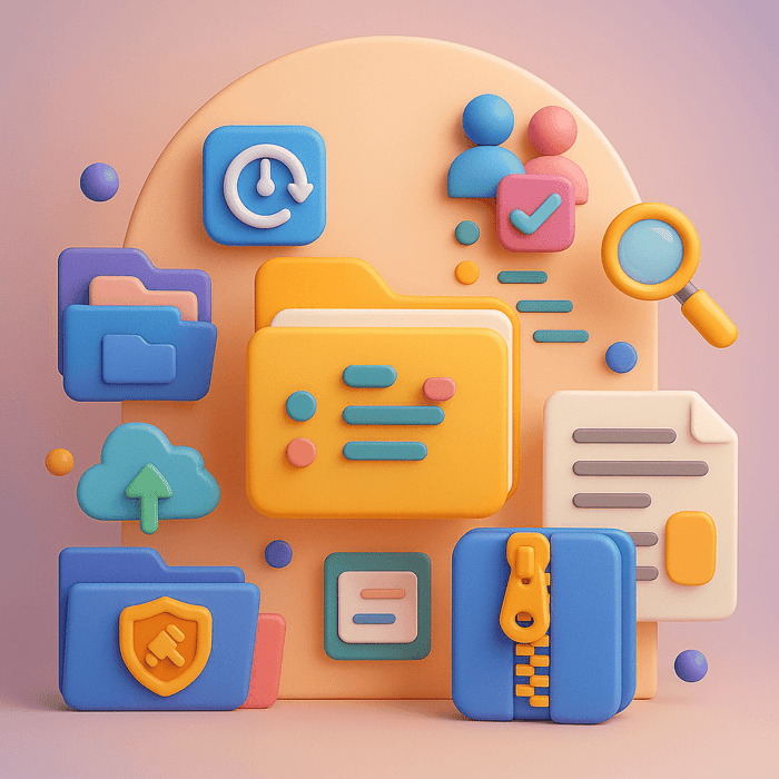 various icons related to Power Apps file upload, including folders, files, a cloud upload symbol, and a magnifying glass, all arranged on a pastel background.