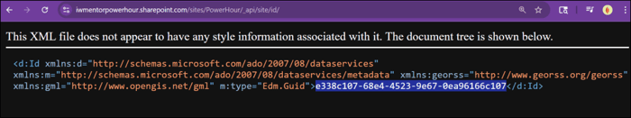 XML file displaying SharePoint site ID structure including GUID.