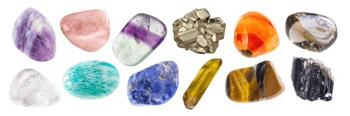 A graphic with 10 photos of crystals for beginners that are mentioned in this article: amethyst, rose quartz, fluorite, pyrite, smoky quartz, clear quartz, amazonite, sodalite, citrine, black tourmaline.