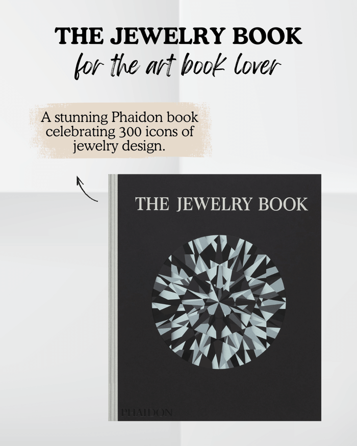 Graphic of The Jewelry Book by Melanie Grant, a Phaidon art book celebrating 300 icons of jewelry design, featured in the 2025 Metalsmith Society Gift Guide.