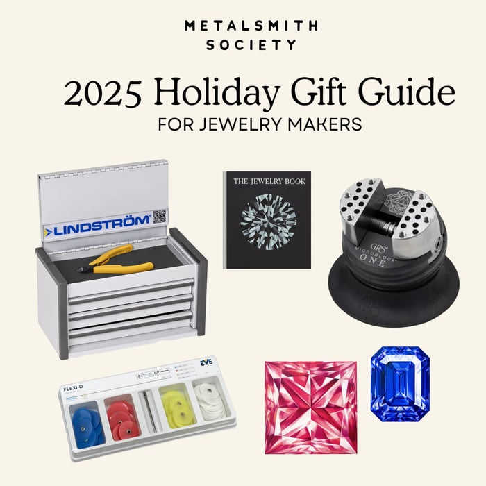 Metalsmith Society 2025 Holiday Gift Guide for Jewelry Makers graphic featuring a Lindström tool chest with pliers, The Jewelry Book, a GRS MicroBlock vise, an EVE Flexi-D polishing disc set, and two faceted gemstones on a cream background.