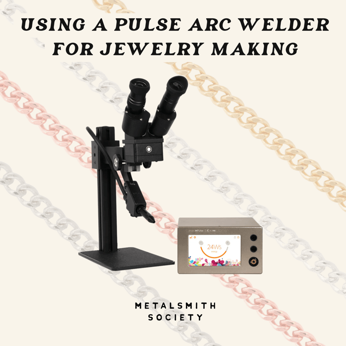 Image of a pulse arc welder setup featuring a microscope and welding unit, perfect for precision jewelry making. Decorative chains in gold, silver, and rose gold serve as a background, with the text 'Using a Pulse Arc Welder for Jewelry Making' and '