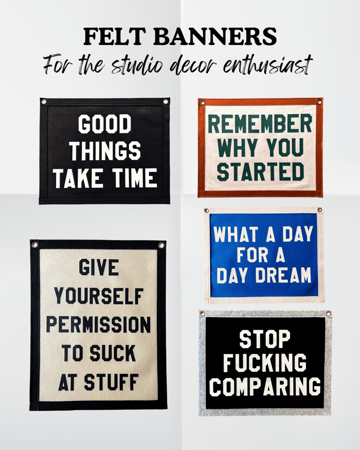 Graphic featuring felt banners by Dusty Pennants with motivational studio messages like ‘Good Things Take Time’ and ‘Remember Why You Started,’ included in the Metalsmith Society 2025 Gift Guide.