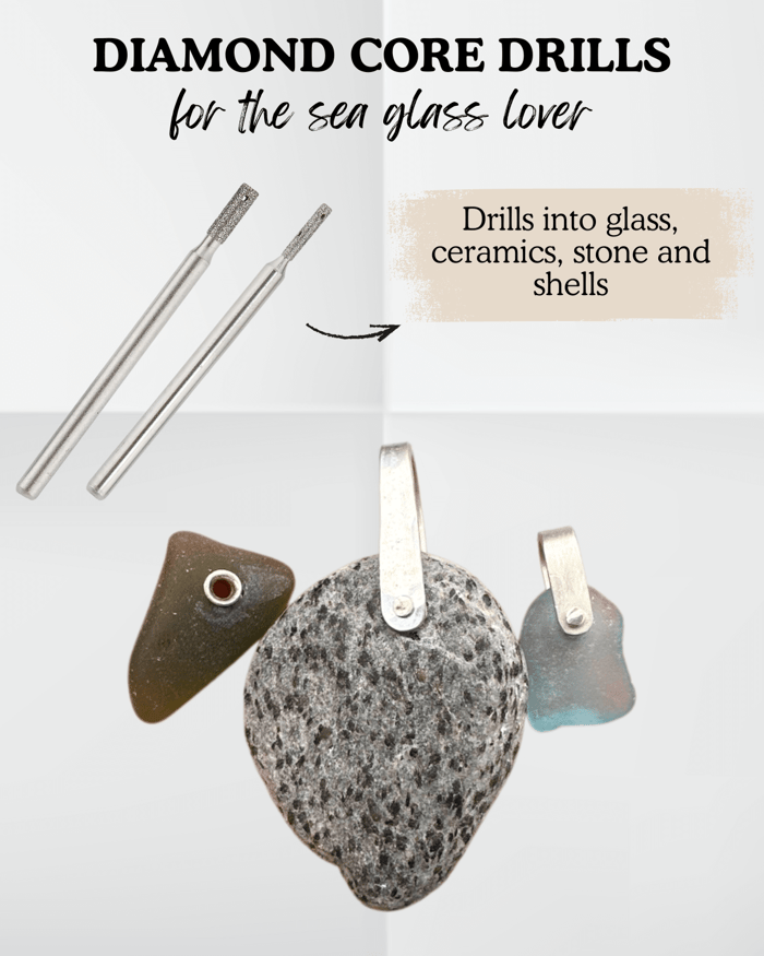 Gesswein Diamond Core Drill 2.5 mm (3 mm shank) shown with sea-glass pendant—ideal for drilling into stone, glass and ceramics. Featured in the 2025 Metalsmith Society Gift Guide.