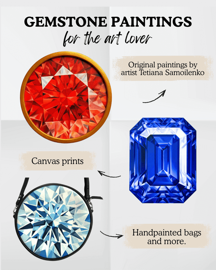 Gemstone-inspired oil painting by artist Tetiana Samoilenko, featuring faceted gem artwork. Included in the 2025 Metalsmith Society Gift Guide for jewelers and gem lovers.