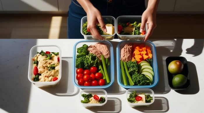 healthy meal planning with portioned containers of vegetables, protein, and fruit arranged for weekly meal prep