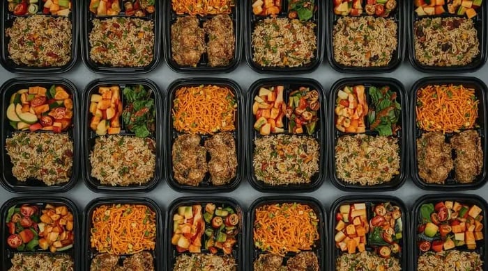 Bulk prepared meals arranged in a grid, filled with rice, seasoned meatballs, roasted vegetables, and noodles from a healthy meal delivery service.