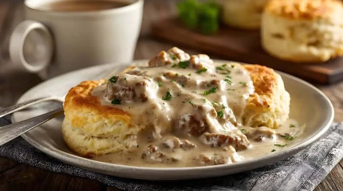 Healthy southern breakfast recipe featuring a golden biscuit split open and topped with thick sausage gravy beside a cup of coffee on a rustic wooden table.