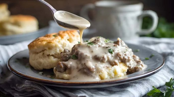 Spoon drizzling creamy gravy over low calorie biscuits and gravy plated with crumbled sausage and fresh herbs on a farmhouse-style dish