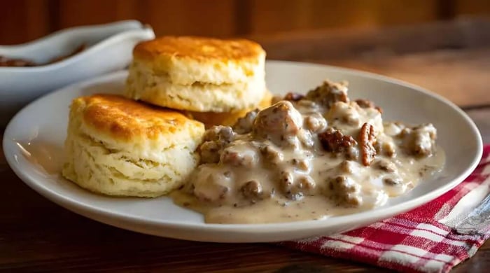 Turkey sausage gravy recipe served alongside tall golden buttermilk biscuits on a white plate with a red checkered napkin