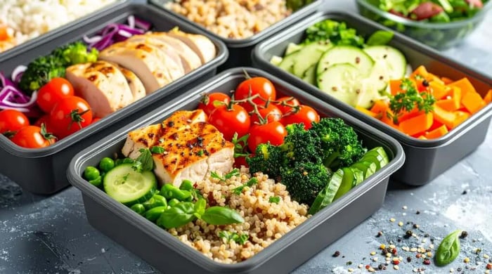 Healthy chicken enchilada-style Caesar salad with grilled chicken cubes, romaine, croutons, and creamy white dressing in a dark bowl.