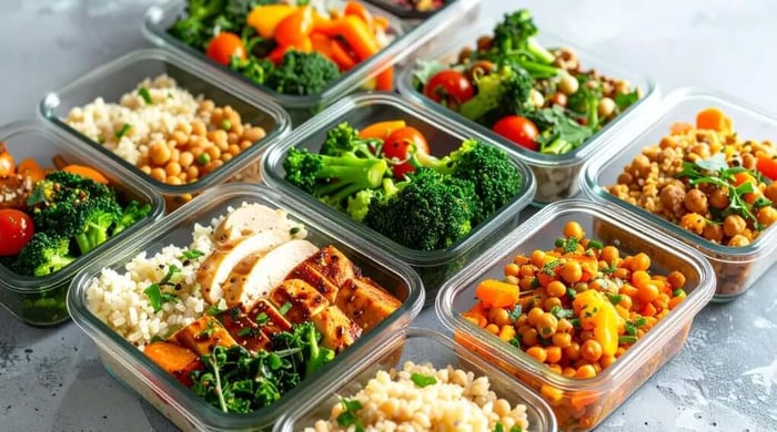 Healthy meal prep with six glass containers filled with grilled chicken and rice, chickpea stew, broccoli with cherry tomatoes, and mixed grain salads.