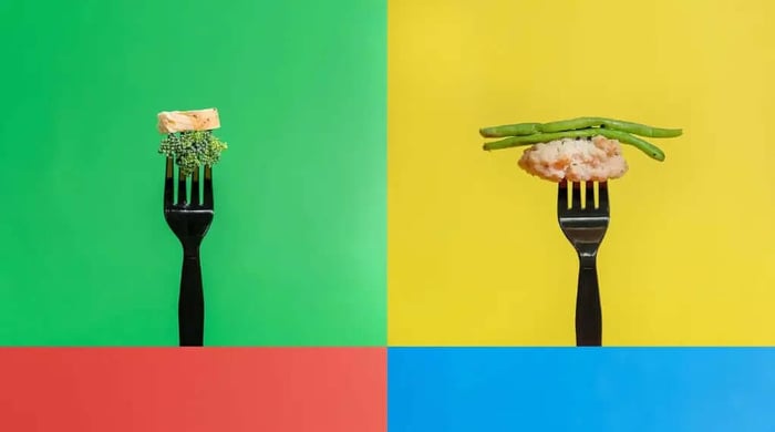 Healthy low-calorie meal concept showing balanced bites of protein and vegetables on forks against colorful backgrounds