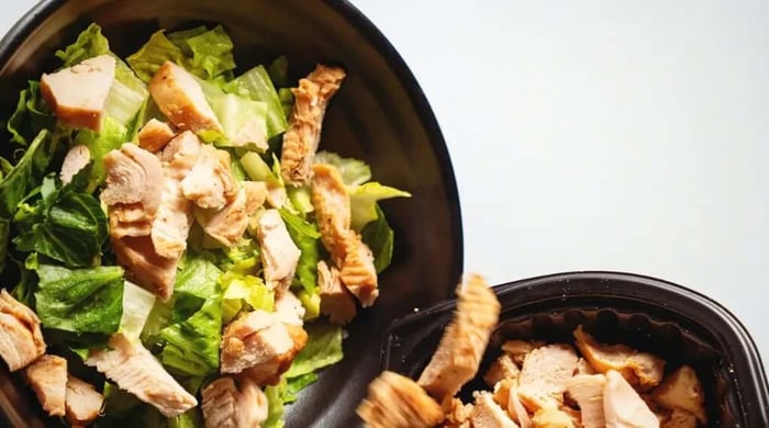 High-protein meal delivery container filled with grilled chicken over crisp romaine lettuce beside a second bowl of sliced chicken.