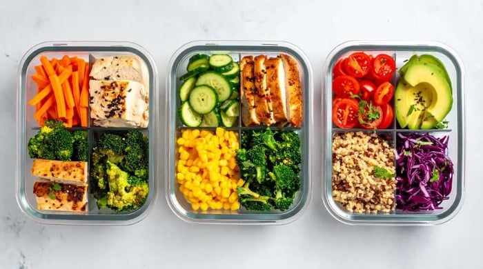 High-protein meal prep in compartment containers with grilled chicken, broccoli, corn, carrots, quinoa, avocado, and red cabbage.