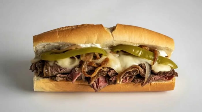 High protein sandwich with thinly sliced steak, melted provolone, caramelized onions, and banana peppers on a soft hoagie roll.