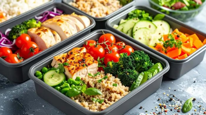 Macro-friendly meal prep containers filled with grilled chicken, quinoa, cherry tomatoes, broccoli, and roasted sweet potatoes.