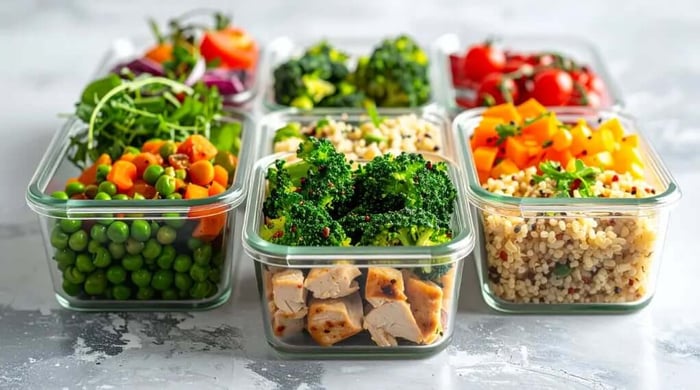 Portion-controlled meals in glass containers with grilled chicken, broccoli, quinoa, peas, carrots, and cherry tomatoes.
