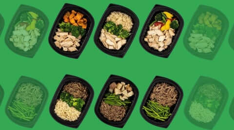 Rotating menus for meal prep featuring a variety grid of portioned chicken-and-veggie meals—suggesting weekly rotation and variety on a consistent base.