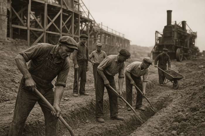 men diggin ditch- male camaraderie
